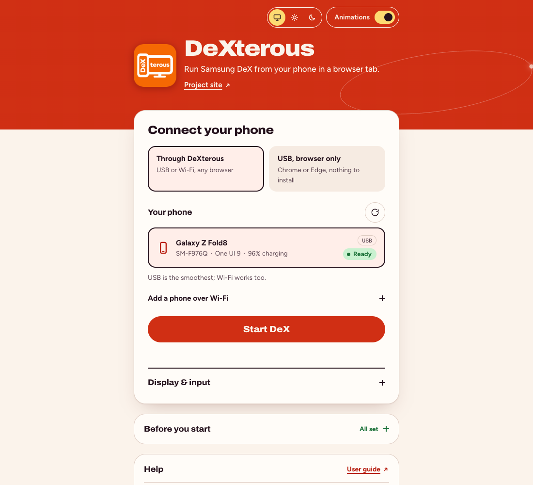 The DeXterous connect screen. Under a red-orange header, a card titled Connect your phone shows a Galaxy Z Fold8 connected over USB and marked Ready, above a red-orange Start DeX button.