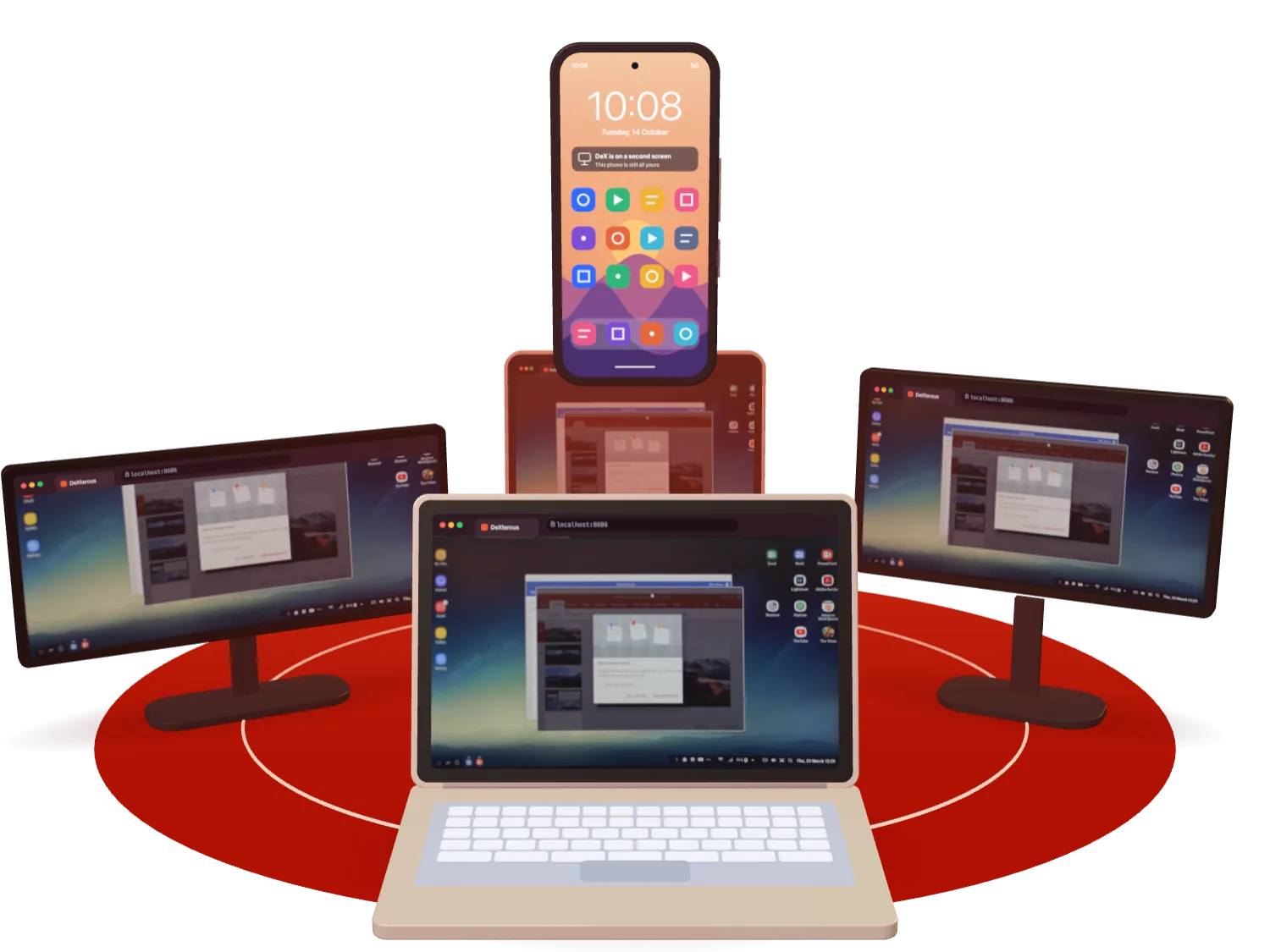 A phone floating above a ring of computers: a laptop, a monitor, a tablet and a wide monitor. Each screen shows a DeX desktop in a browser tab.